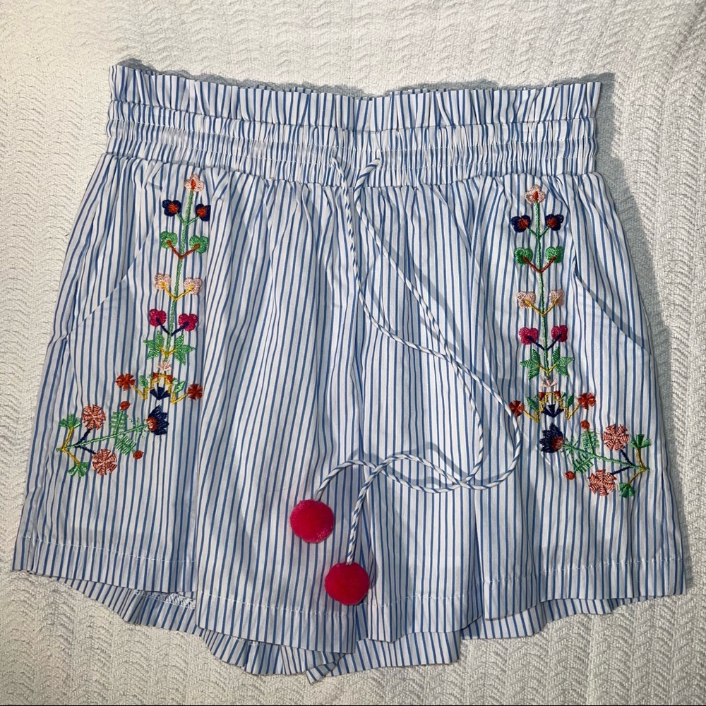 hazel Blue & White Striped Embroidered Pom Pom Shorts
